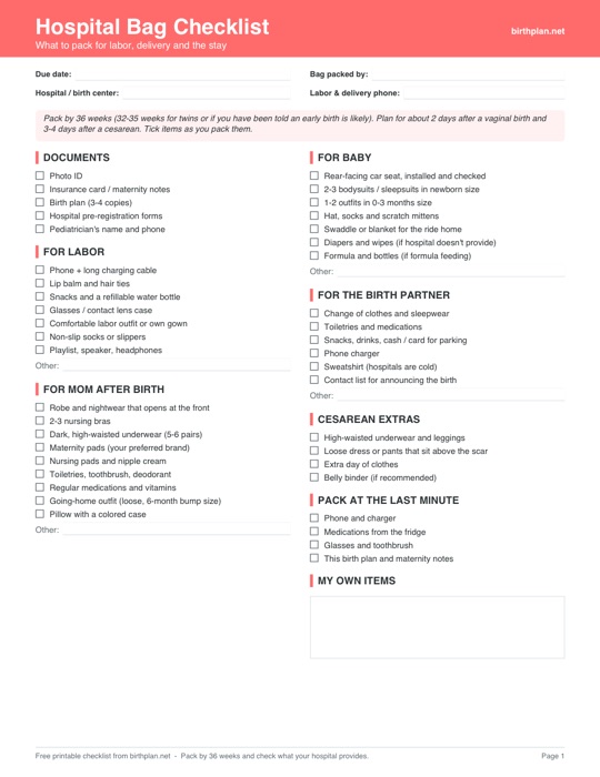 Preview of the free printable hospital bag checklist PDF with tick boxes for documents, labor, mom, baby, partner and cesarean extras