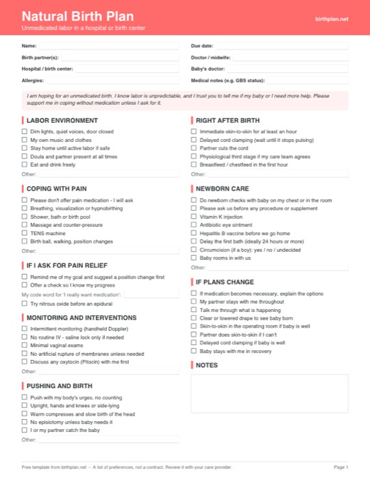 Preview of the free printable natural birth plan template